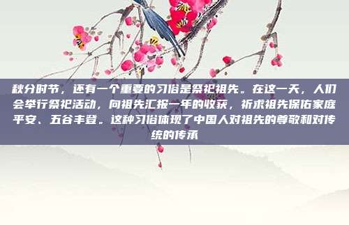 秋分时节，还有一个重要的习俗是祭祀祖先。在这一天，人们会举行祭祀活动，向祖先汇报一年的收获，祈求祖先保佑家庭平安、五谷丰登。这种习俗体现了中国人对祖先的尊敬和对传统的传承